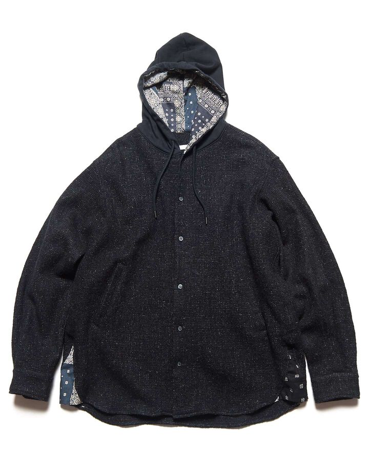 LINEN WOOL HOODED SHIRT,BLACK, medium