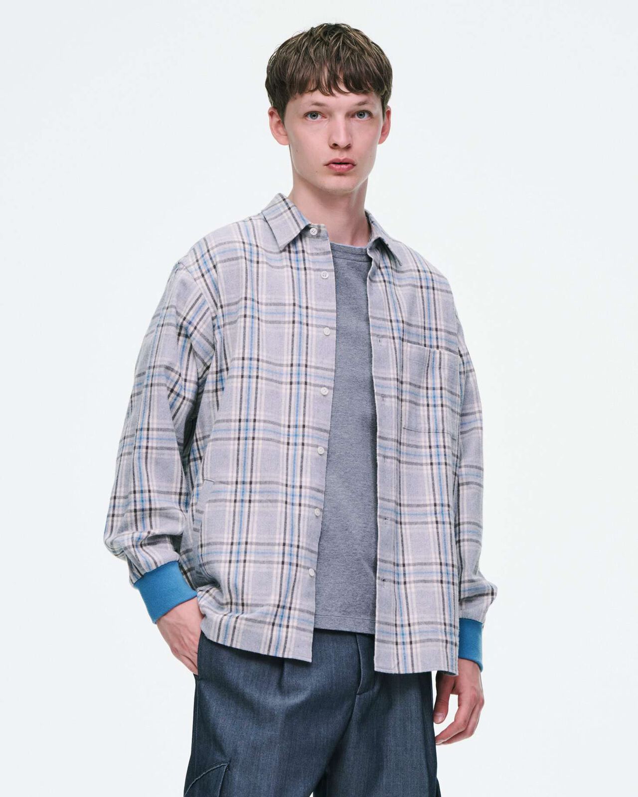 FLANNEL CHECK RIBBED SHIRT,LIGHT GRAY, large image number 5