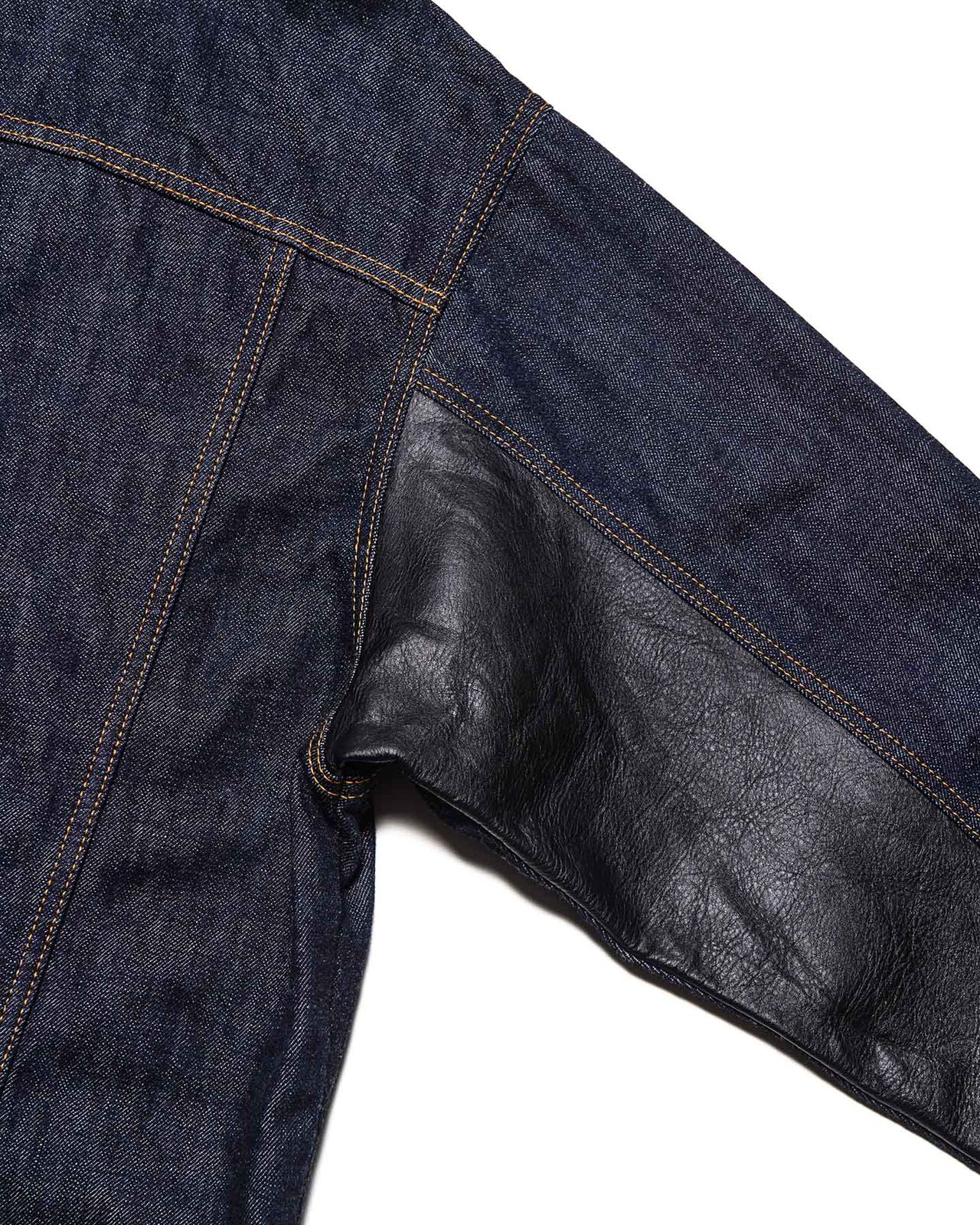 LEATHER ASSEMBLED DENIM TRUCKER JACKET,INDIGO, large image number 2