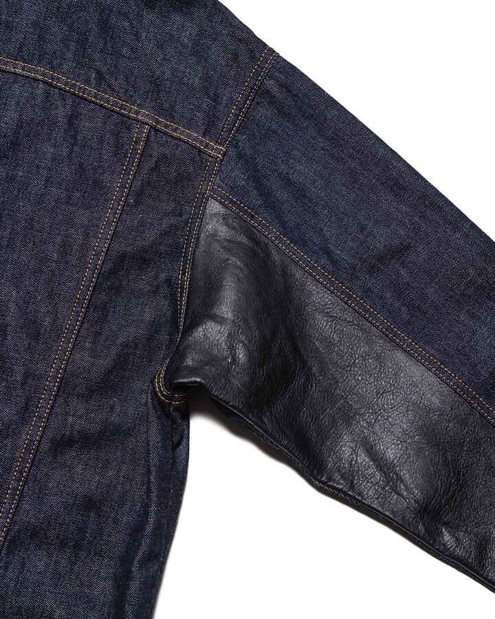 LEATHER ASSEMBLED DENIM TRUCKER JACKET,INDIGO, medium image number 2