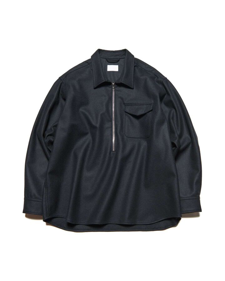 LIGHT MELTON WOOL HALF-ZIP SHIRT,BLACK, medium