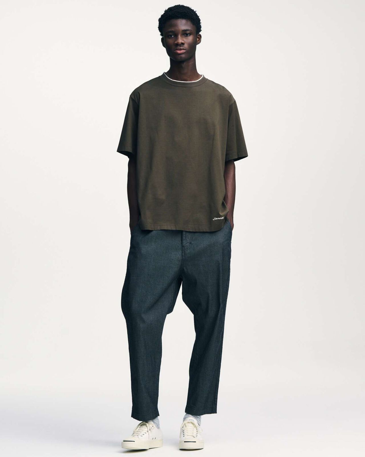 STRETCH DENIM TAPERED CROPPED PANTS,INDIGO, large image number 4