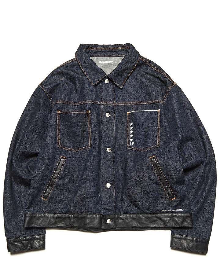 LEATHER ASSEMBLED DENIM TRUCKER JACKET,INDIGO, medium