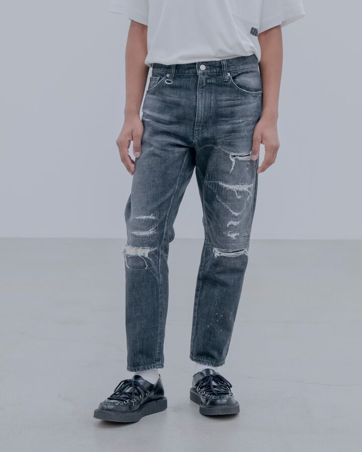 DAMAGED DENIM TAPERED-FIT JEANS,BLACK, medium image number 6