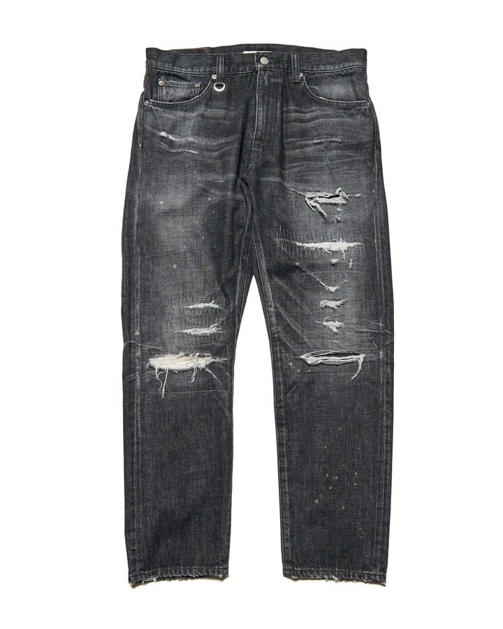 DAMAGED DENIM TAPERED-FIT JEANS,BLACK, medium image number 0