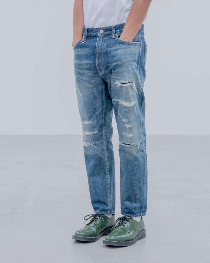 DAMAGED DENIM TAPERED-FIT JEANS,BLACK, medium image number 8