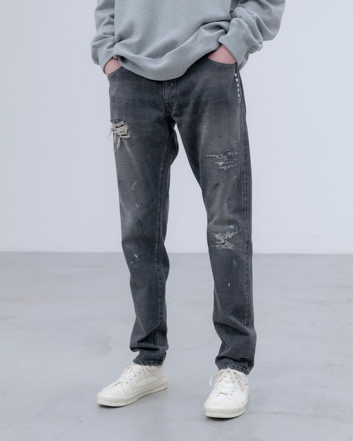 DAMAGED DENIM TAPERED-FIT JEANS,BLACK, medium image number 8