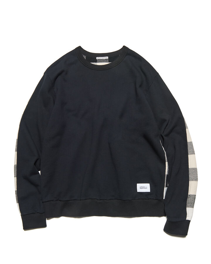 LINE FLANNEL CHECK PANELED CREWNECK TOP,BLACK, medium