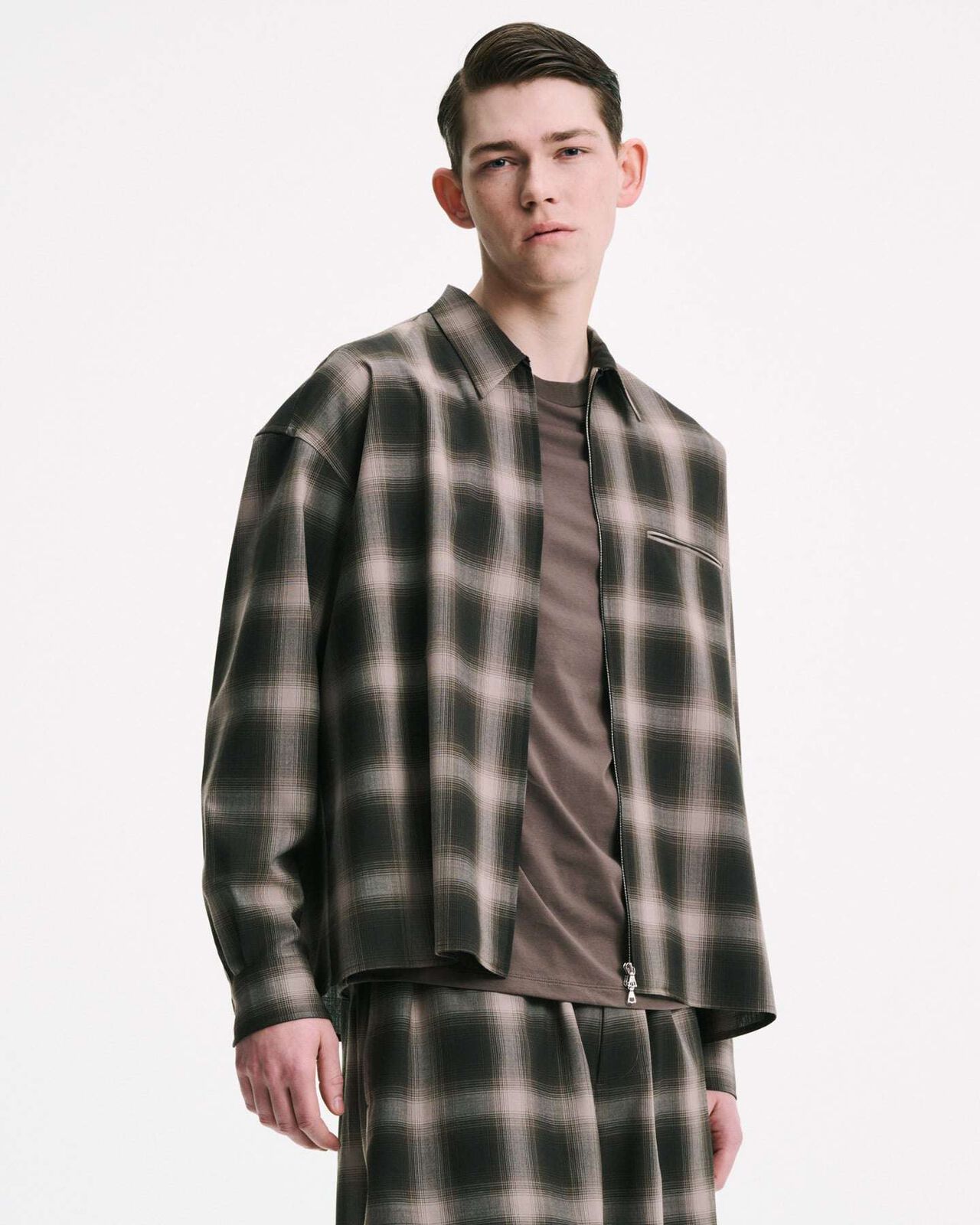 HIGH-TWIST OMBRE CHECK ZIP BLOUSON,BROWN, large image number 4