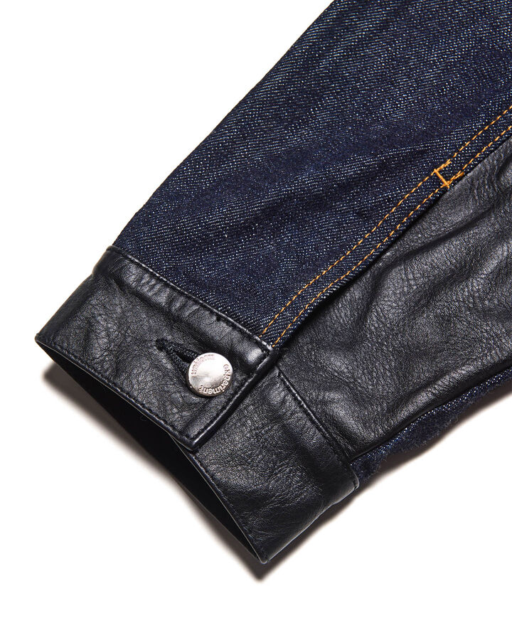 LEATHER ASSEMBLED DENIM TRUCKER JACKET,INDIGO, medium image number 3
