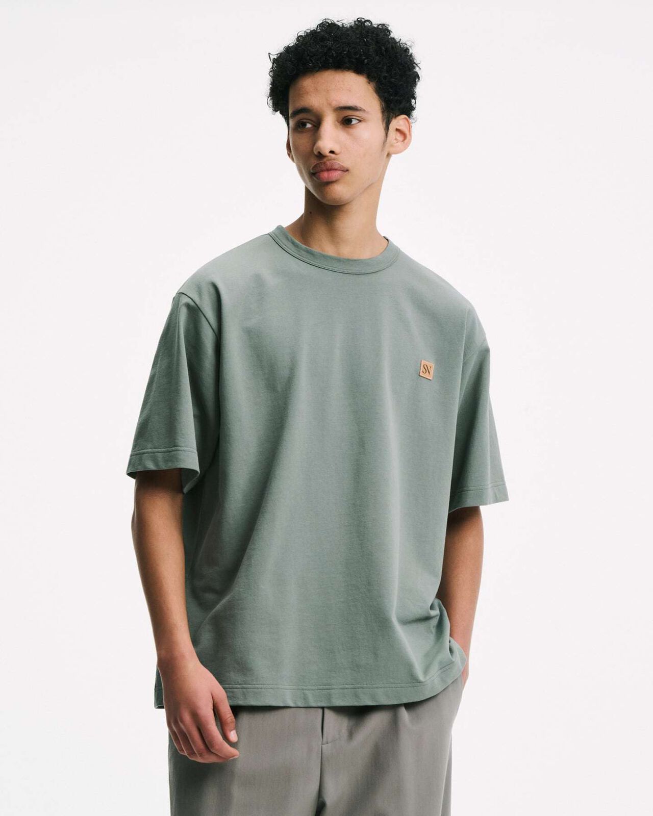 LEATHER PATCH WIDE TEE,KHAKI, large image number 4
