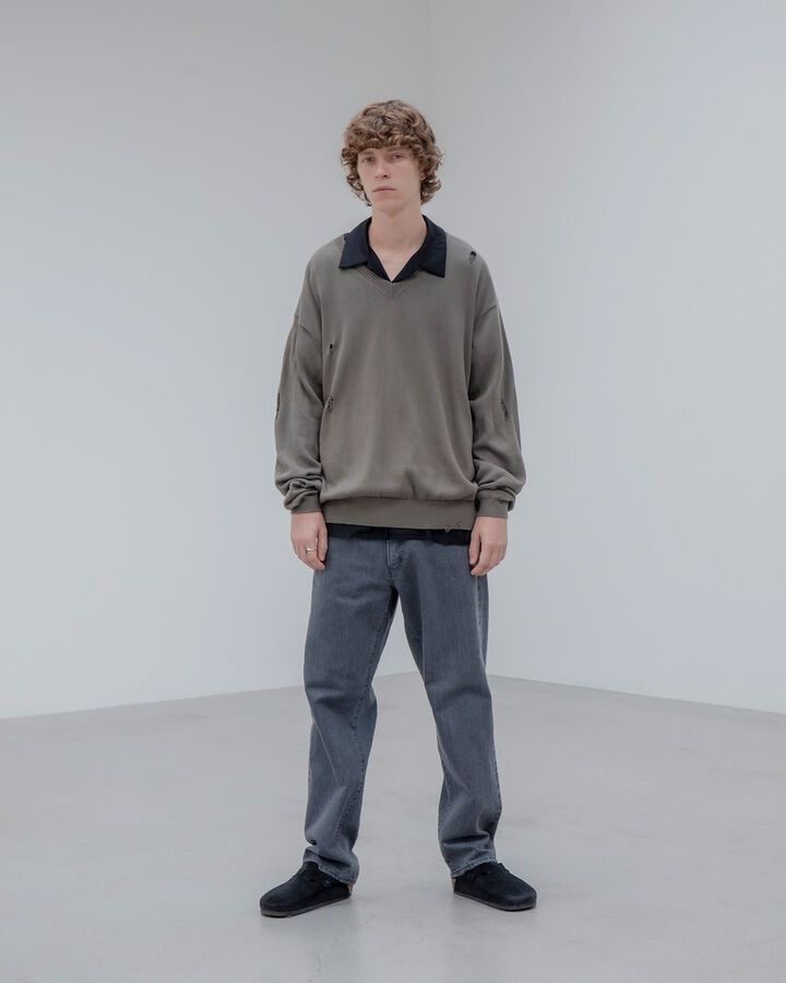 DAMAGED V NECK KNIT,KHAKI, medium image number 4