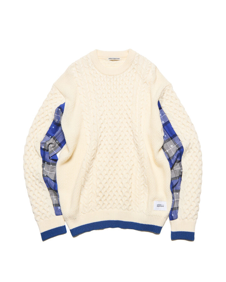 STAR PRINT CHECK PANELED CABLE KNIT,WHITE, medium
