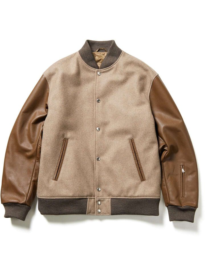 LEATHER SLEEVE VARSITY JACKET,BEIGE, medium