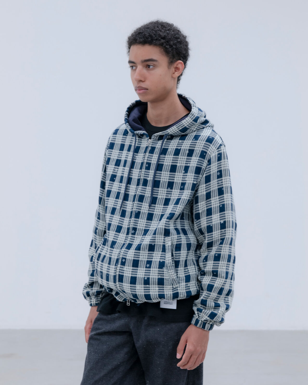 STAR PRINT CHECK HOODED BLOUSON,INDIGO, large image number 6