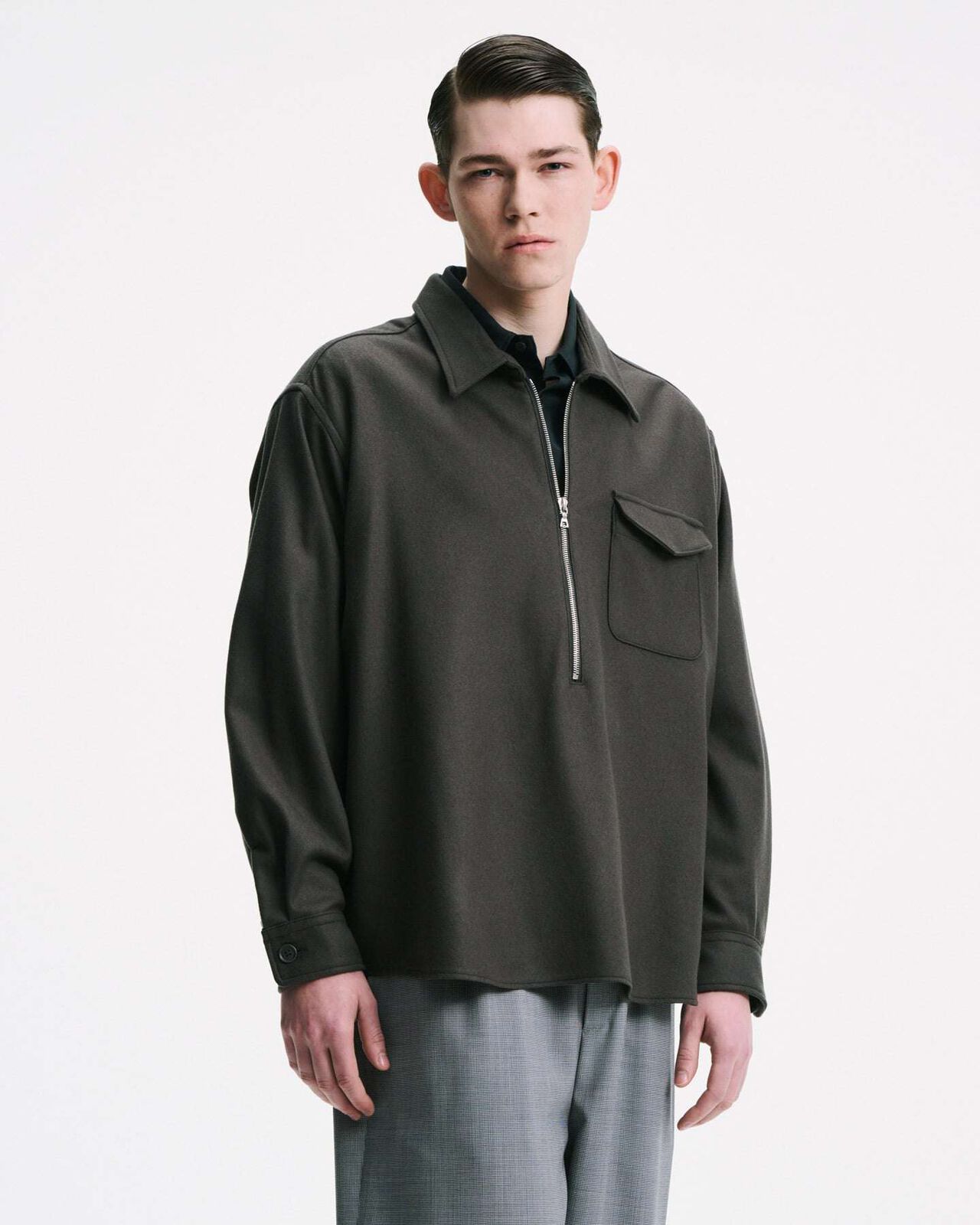 LIGHT MELTON WOOL HALF-ZIP SHIRT,CHARCOAL GRAY, large image number 4