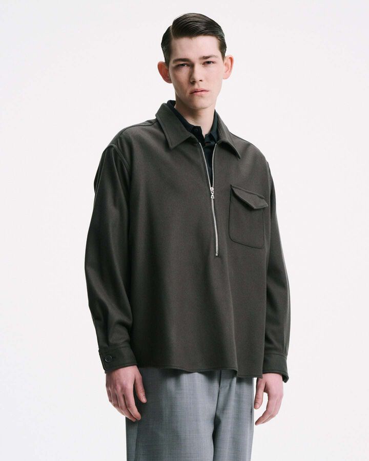 LIGHT MELTON WOOL HALF-ZIP SHIRT,CHARCOAL GRAY, medium image number 4