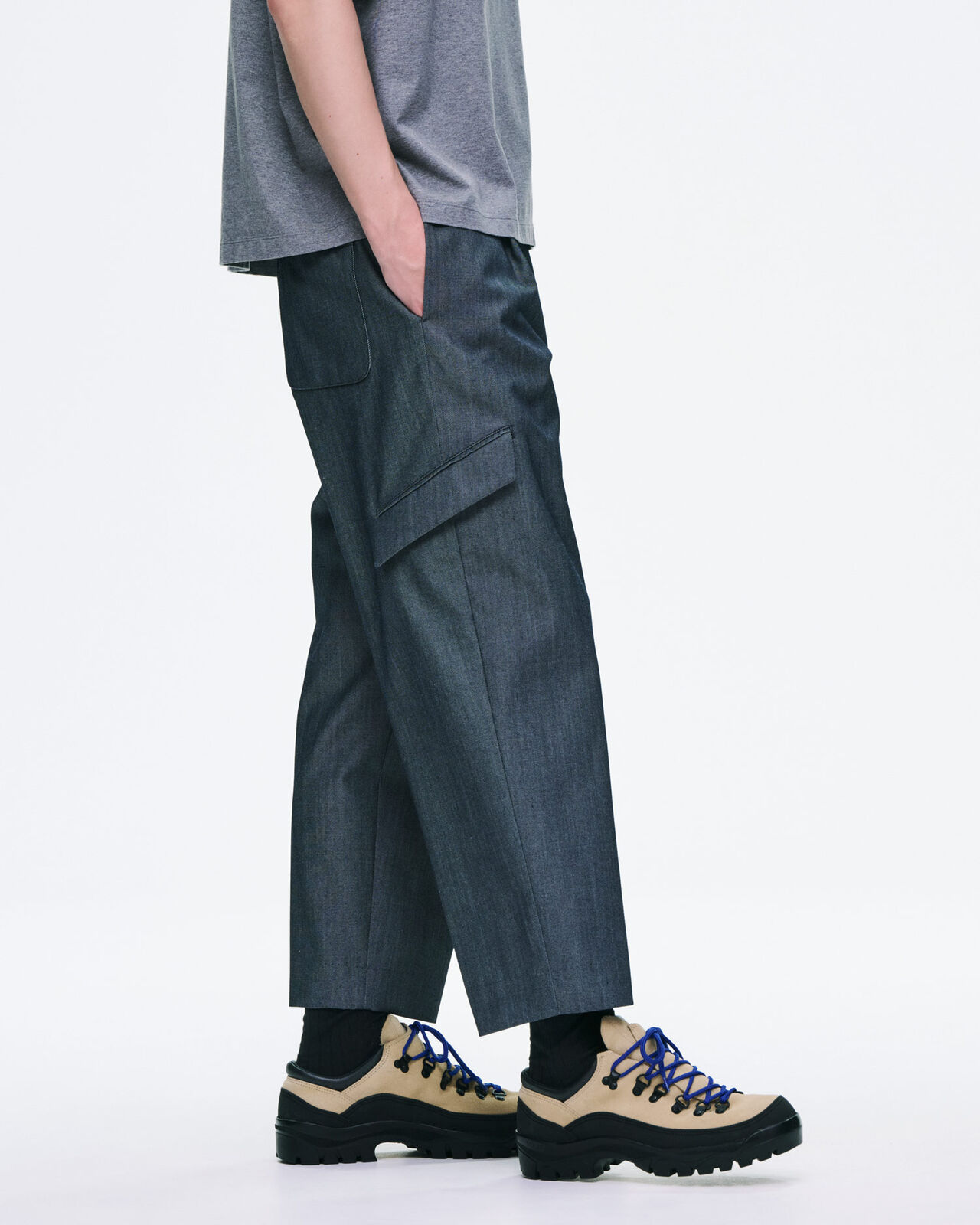 DENIM SIDE POCKET TAPERED CROPPED SLACKS,BLACK, large image number 6