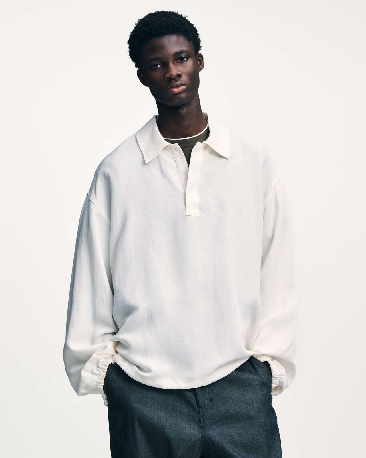 LINEN MESH L/S POLO,OFF WHITE, large image number 5