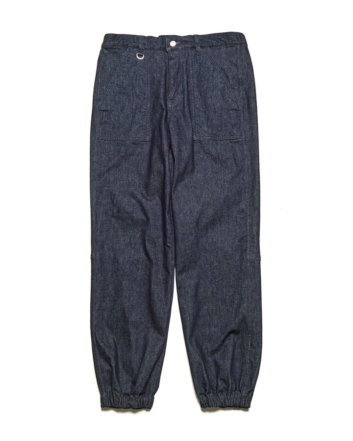 HIGH STRETCH DENIM HEM SHIRRING BAKER PANTS,INDIGO, medium