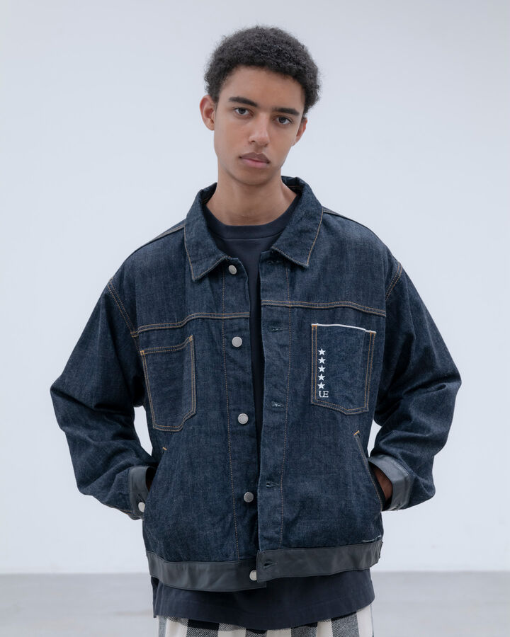 LEATHER ASSEMBLED DENIM TRUCKER JACKET,INDIGO, medium image number 7
