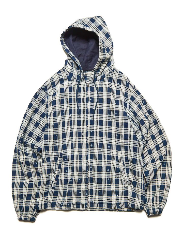STAR PRINT CHECK HOODED BLOUSON,INDIGO, medium