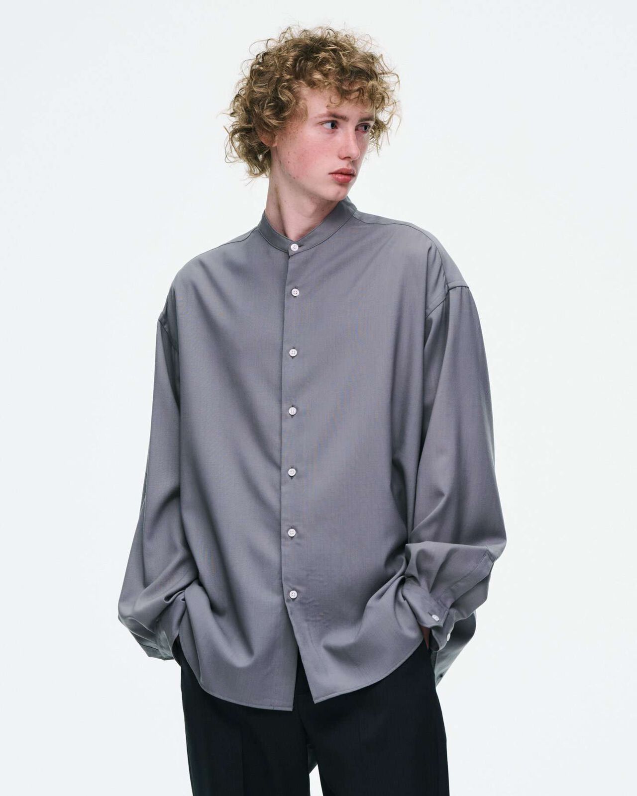 WASHBLE WOOL BAND COLLAR SHIRT,BLACK, large image number 5