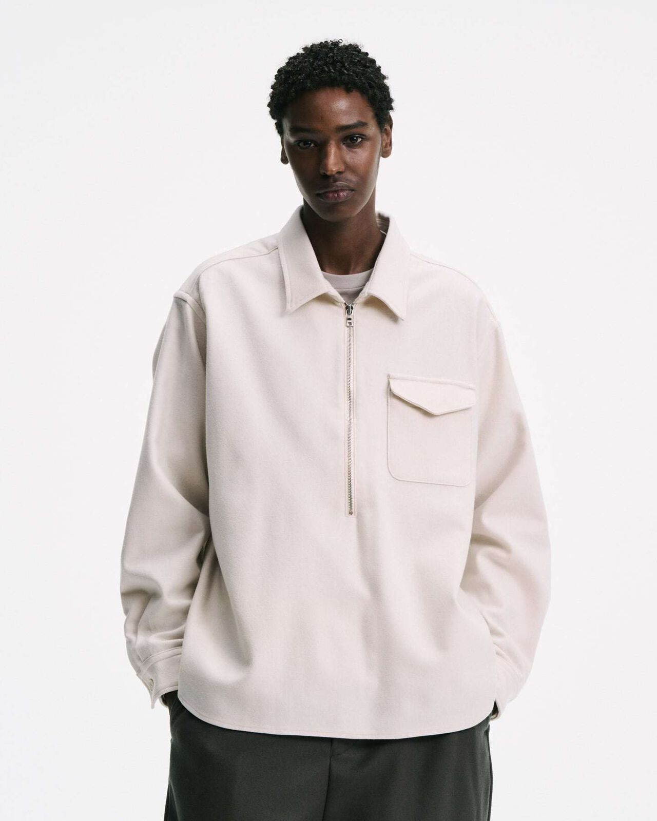 LIGHT MELTON WOOL HALF-ZIP SHIRT,OFF WHITE, large image number 4