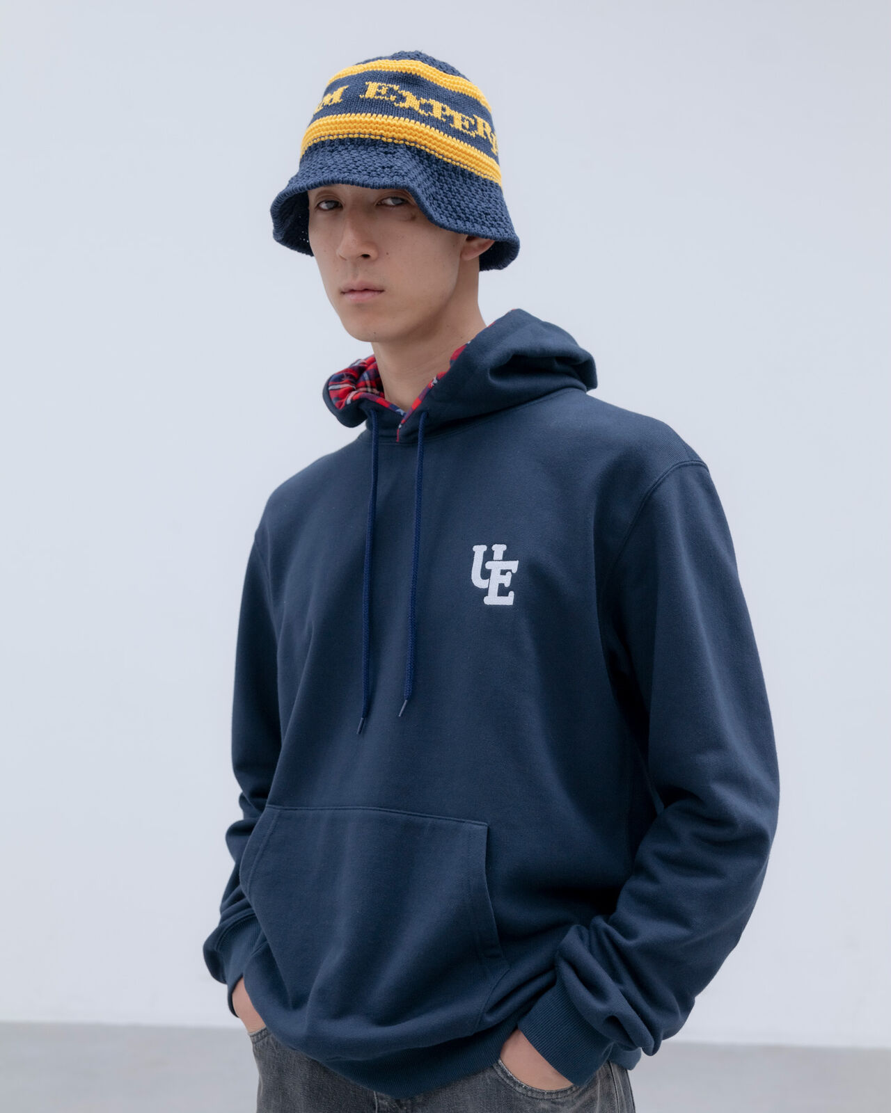 STAR PRINT CHECK LINING SWEAT HOODIE,NAVY, large image number 4