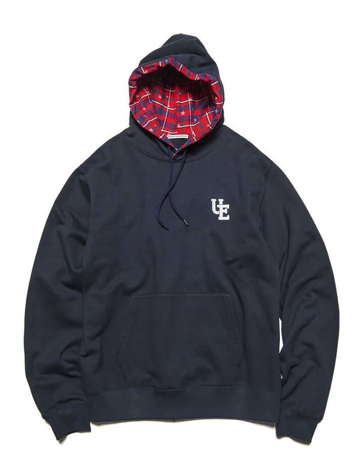 STAR PRINT CHECK LINING SWEAT HOODIE,NAVY, medium