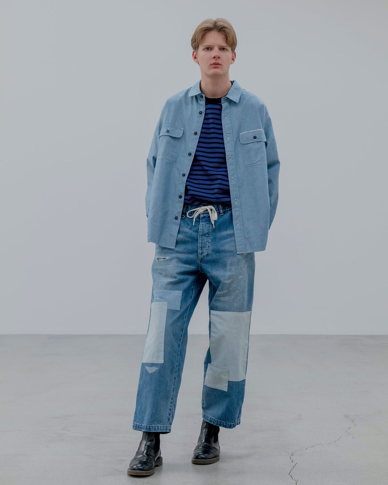 PATCHWORKED DENIM WIDE-FITJEANS,INDIGO, large image number 6