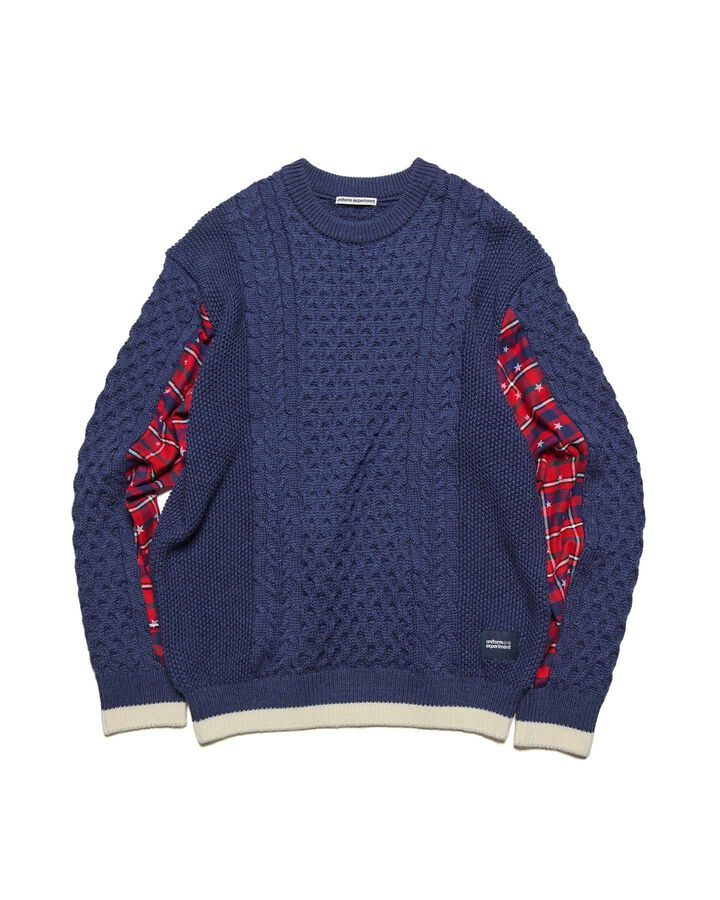 STAR PRINT CHECK PANELED CABLE KNIT,NAVY, medium