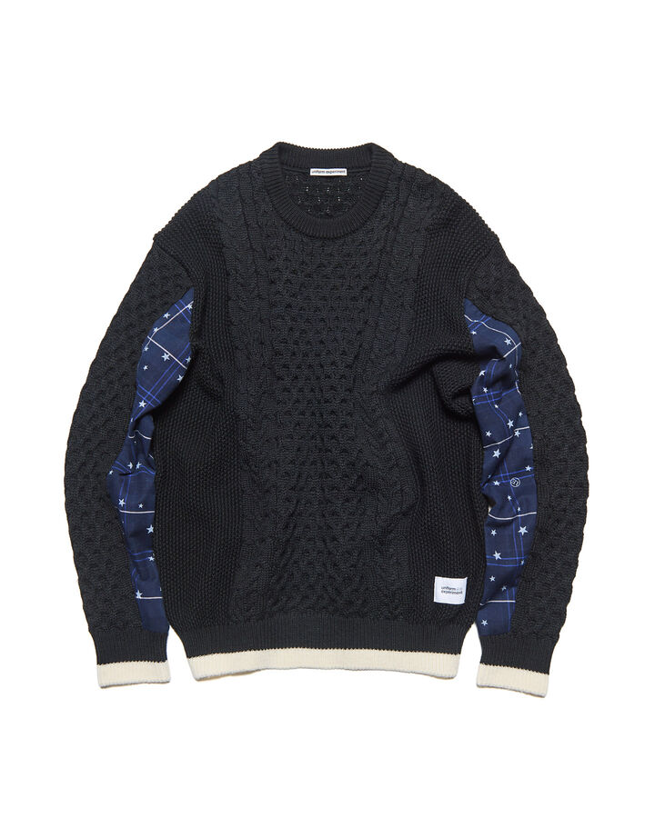 STAR PRINT CHECK PANELED CABLE KNIT,BLACK, medium