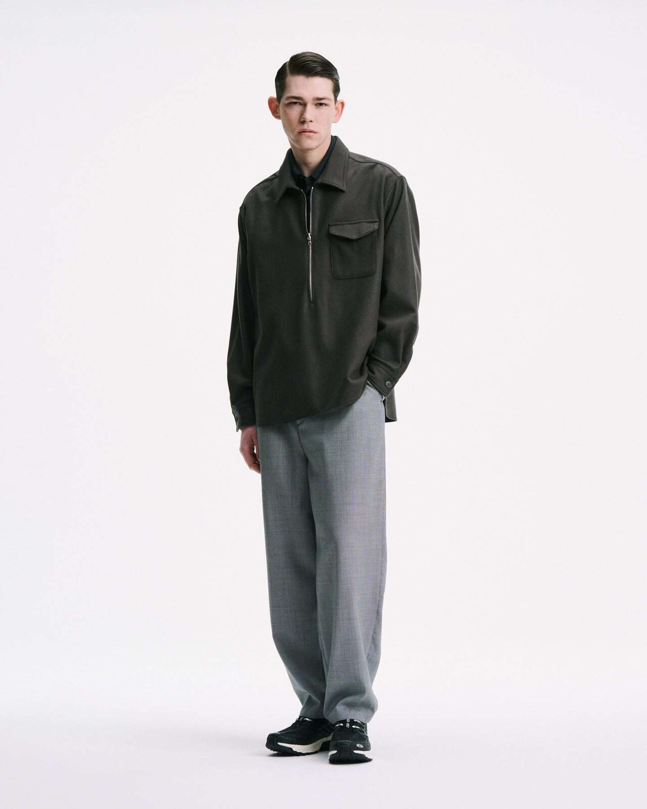 LIGHT MELTON WOOL HALF-ZIP SHIRT,CHARCOAL GRAY, large image number 5