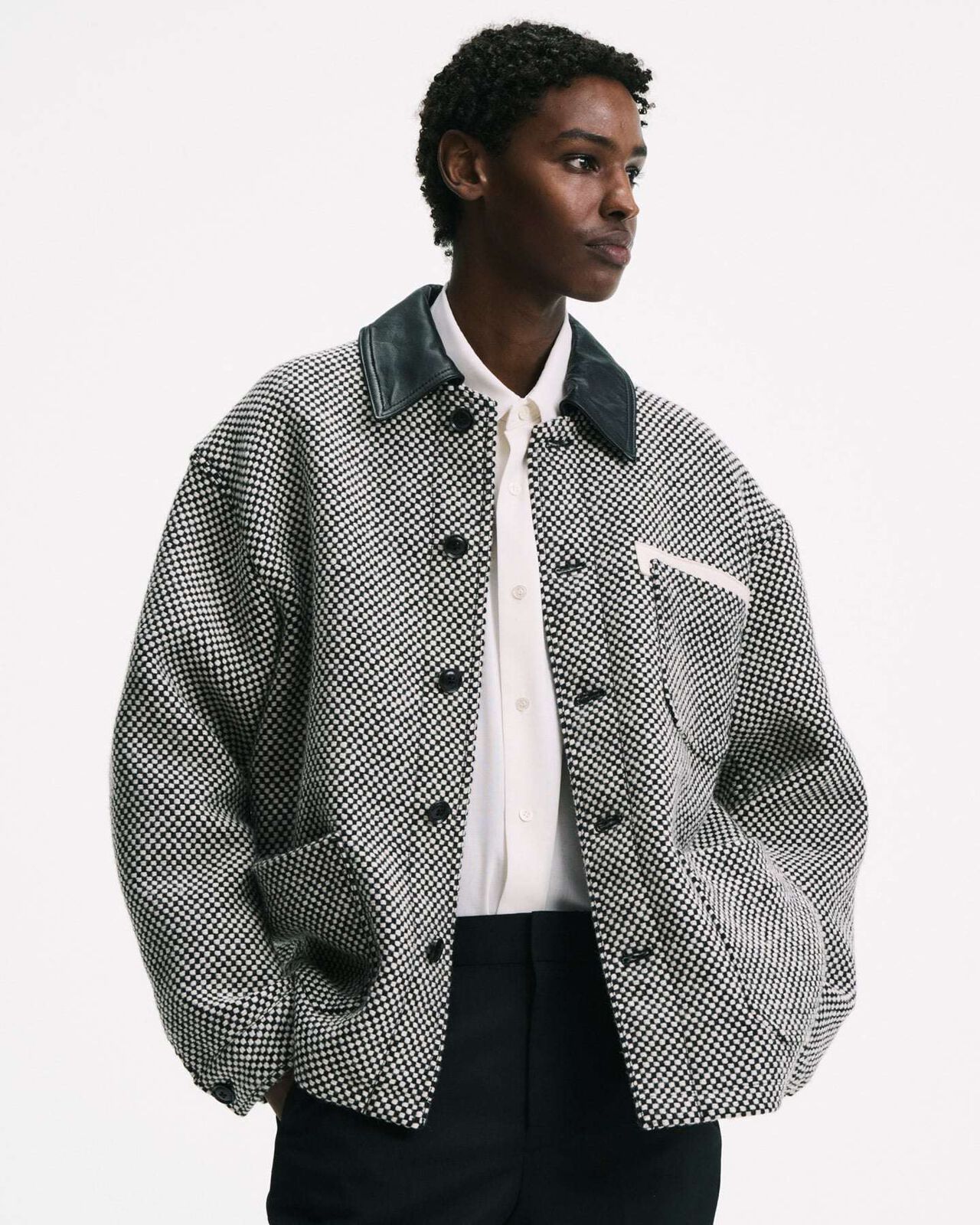 LEATHER COLLAR COVERALL / Kvadrat Sisu,BLACK, large image number 6